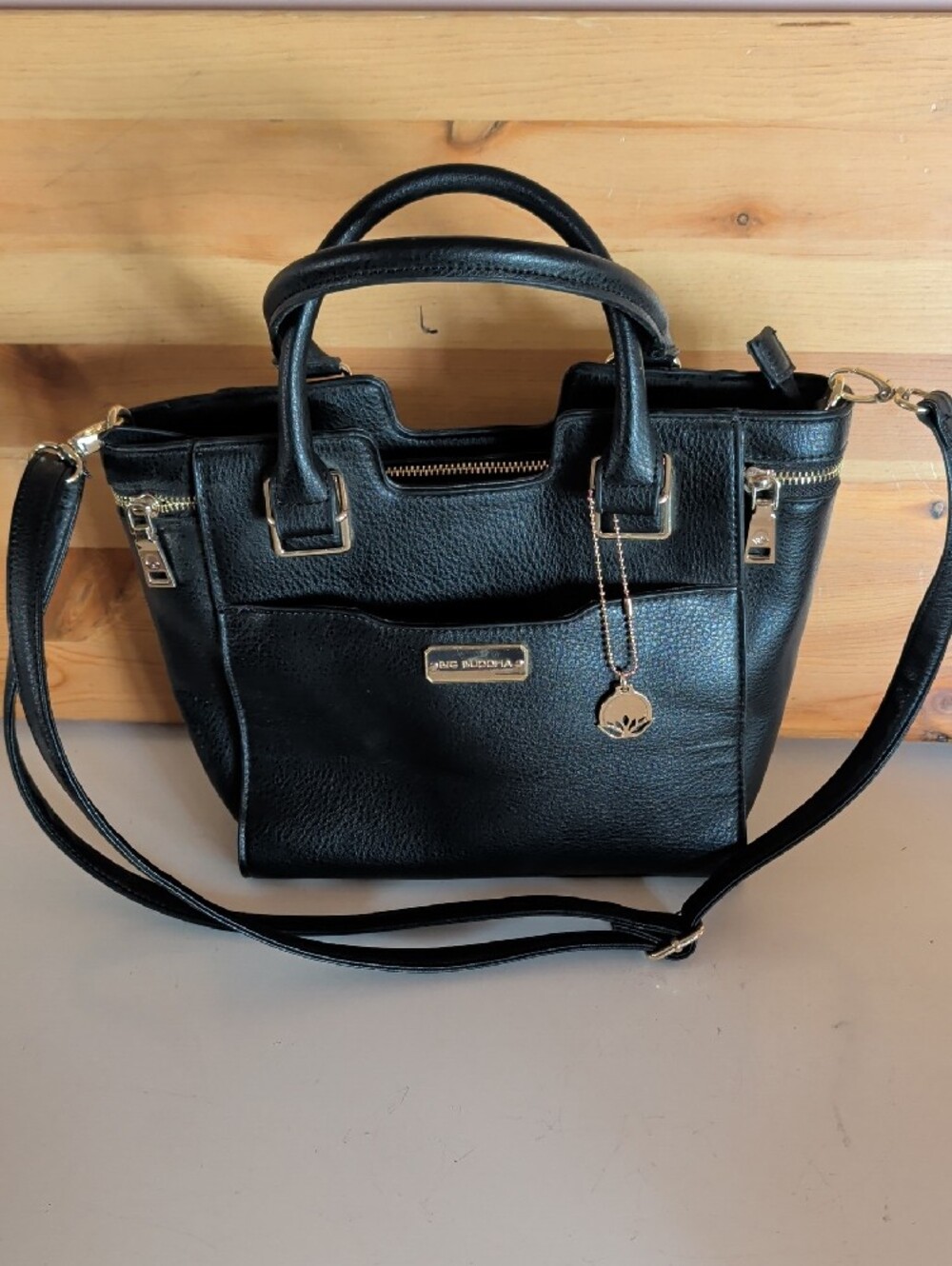 Big Buddha, Chic Black Women's Satchel Handbag with Gold Hardware. - Picture 5 of 12